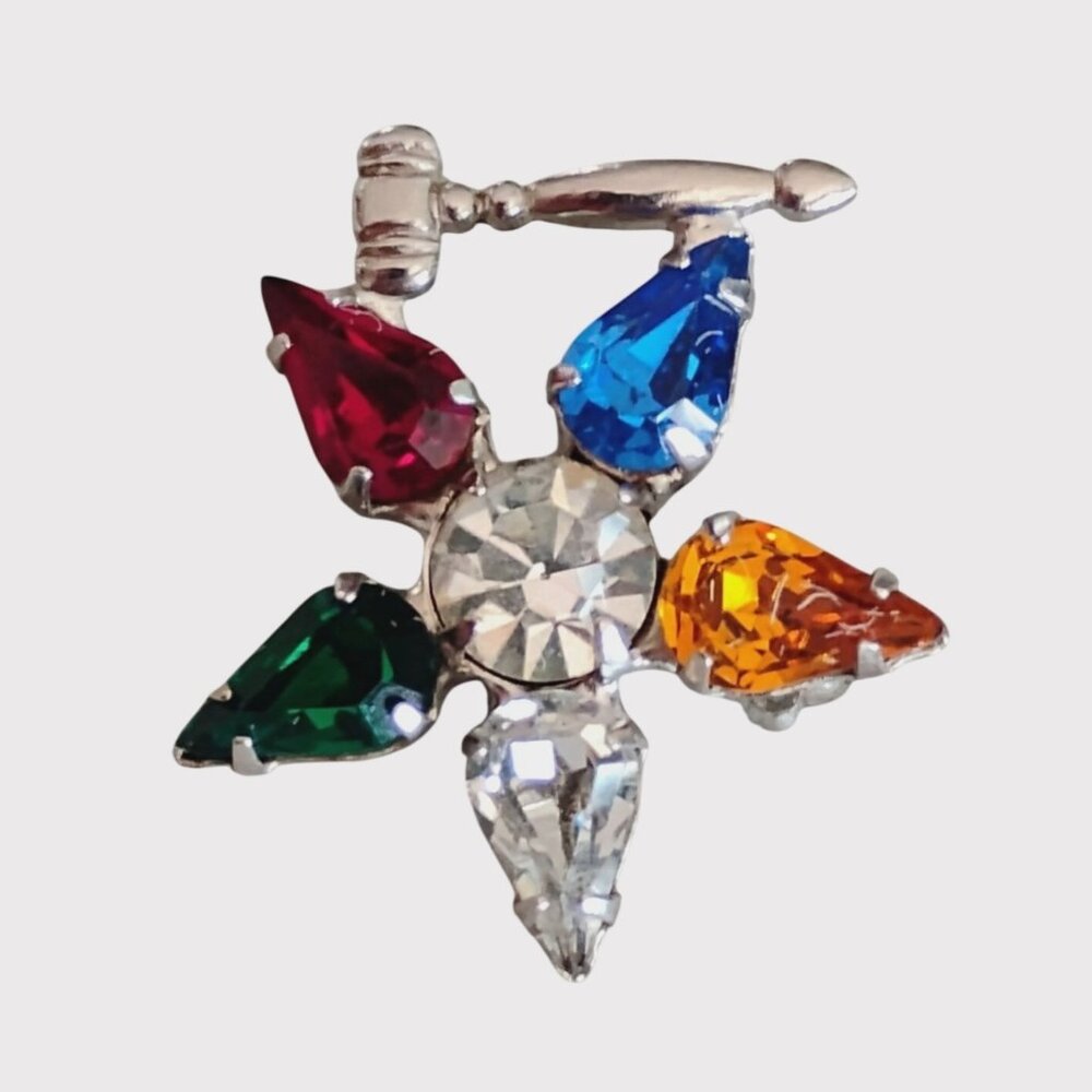 B David Order of Eastern Star OES Brooch w/Gavel Multicolor Rhinestone Pin